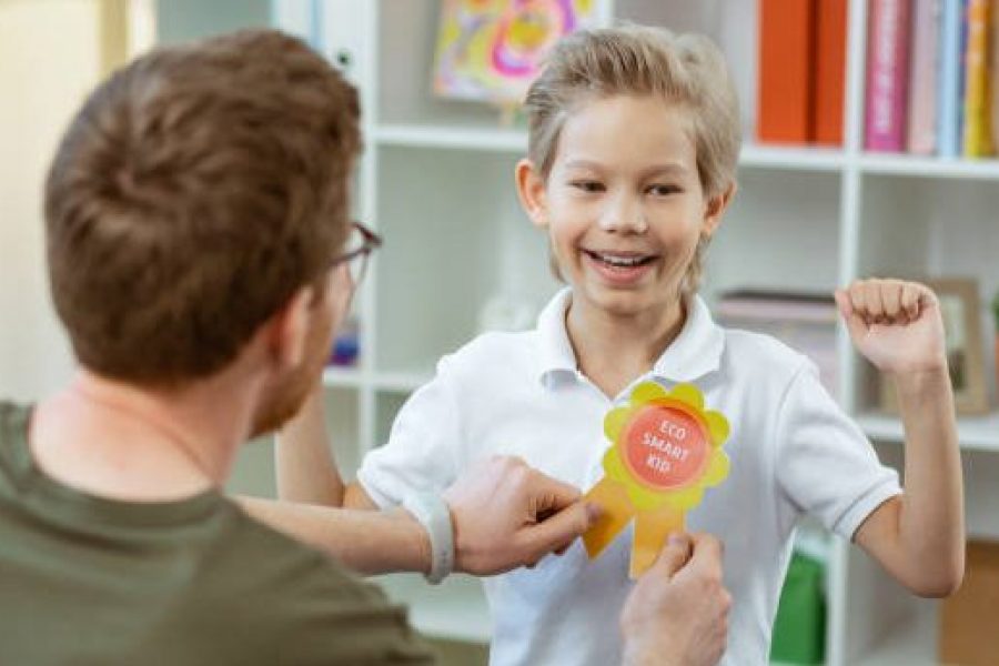 Bright rewarding sign. Contented proud boy being happy with his reward from pleasant elementary school teacher