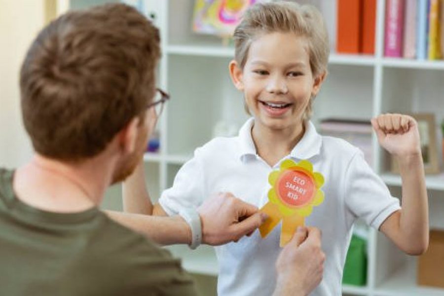 Bright rewarding sign. Contented proud boy being happy with his reward from pleasant elementary school teacher