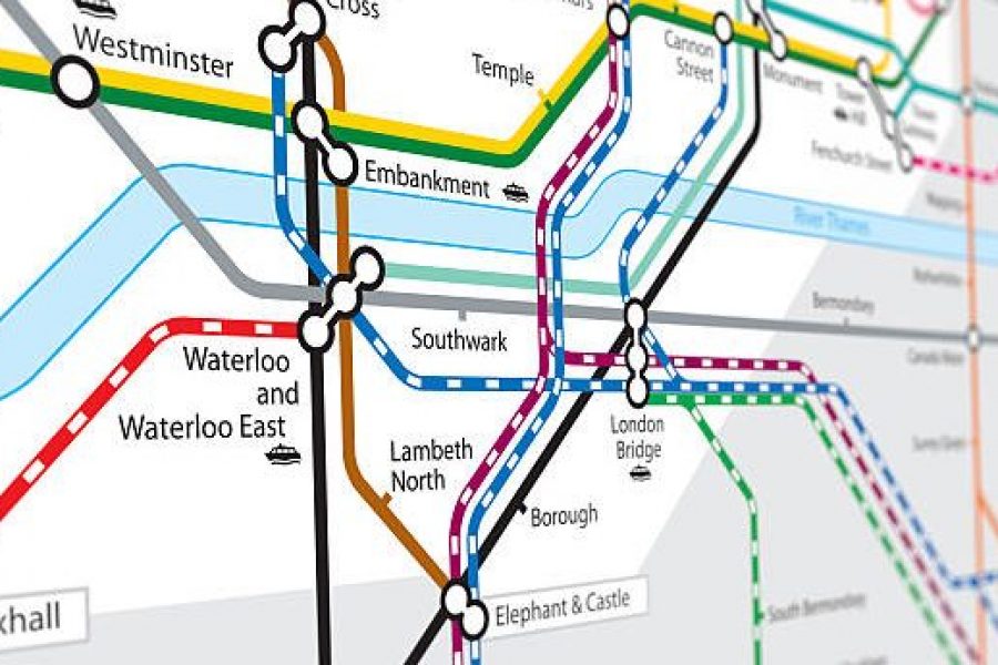Detail of the subway map of London, partially blurred with the focus on Waterloo