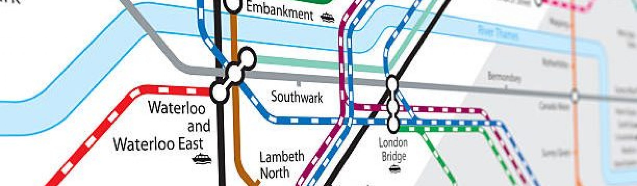 Detail of the subway map of London, partially blurred with the focus on Waterloo